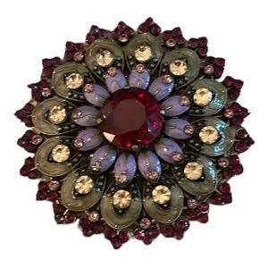 Vintage Mandala Brooch Enameled Leaves Purple  Rhinestones Stunning Gala Wear